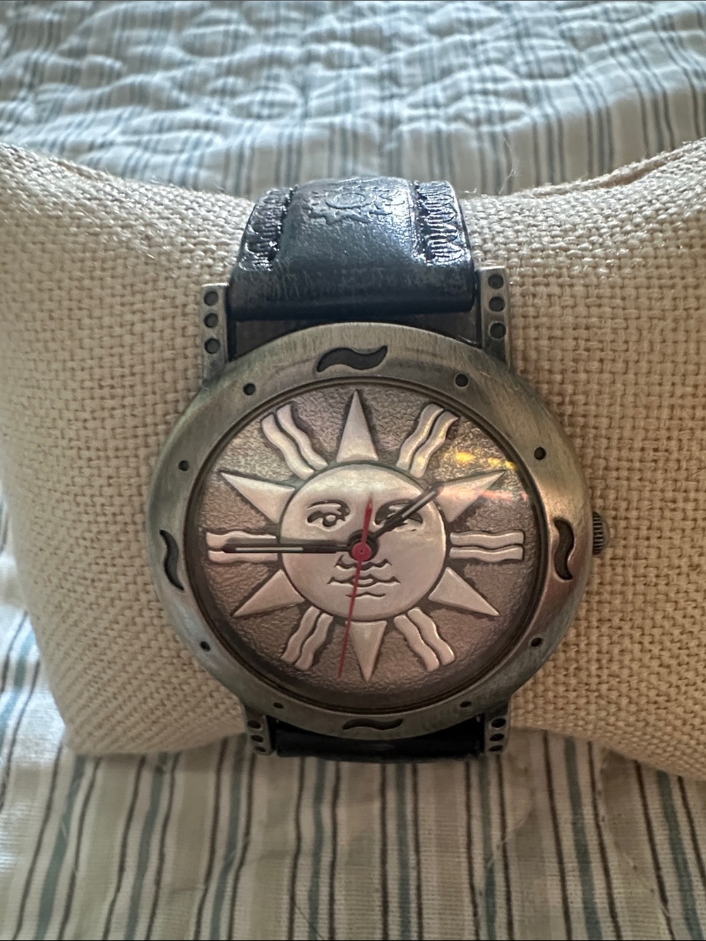 Sun Face Women's Silver-Tone Watch with Black Leather Strap